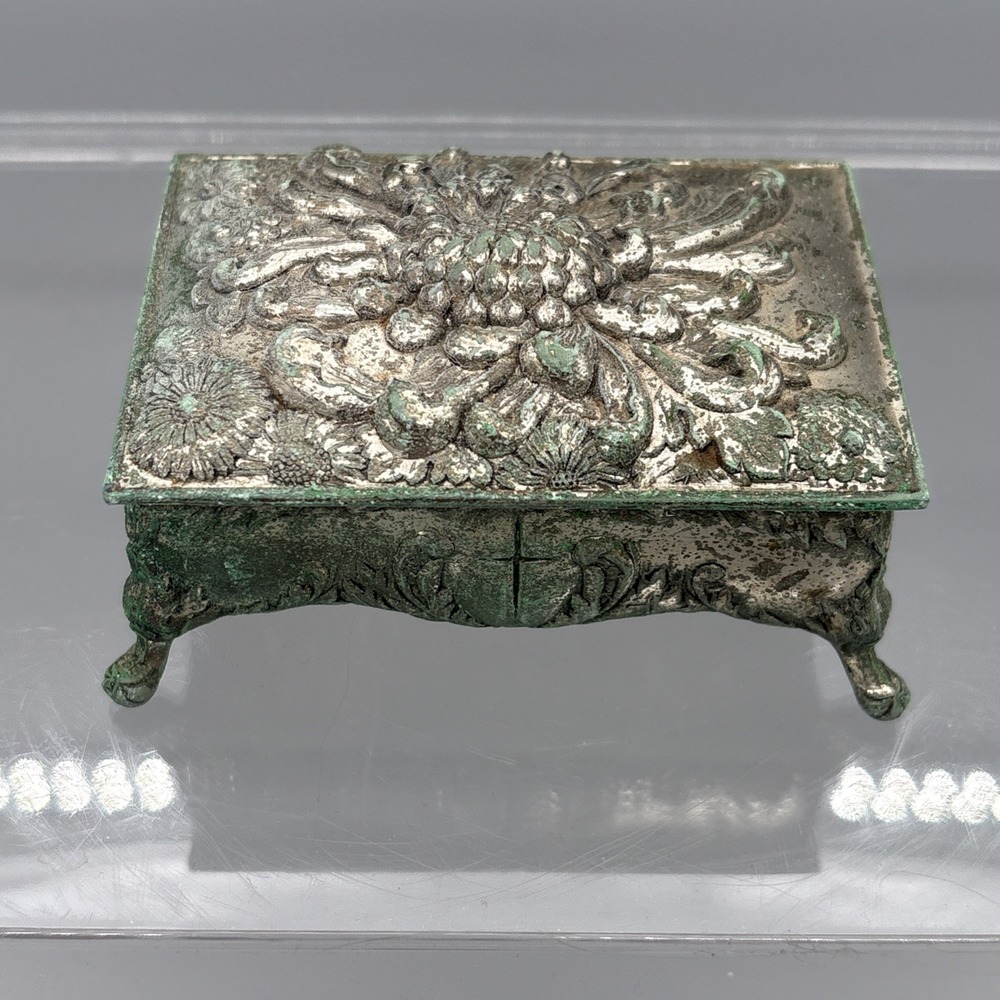 Vintage Metal Jewelry Box Trinket Footed Velvet Lining Cross Religious Patina - Picture 2 of 13